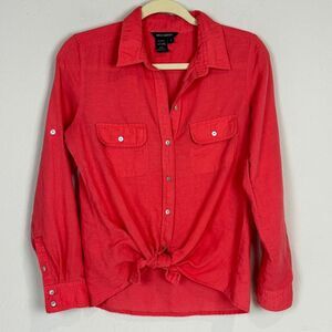 Max Edition Tie Front Button Down Linen Blend Convertible Sleeve Shirt S